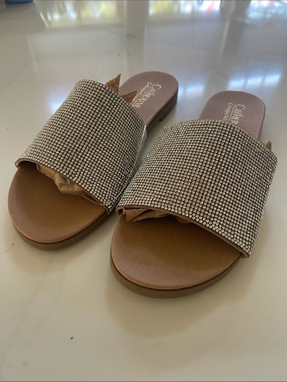 Catherine Malandrino Tan Slide Sandals with Rhinestone Crystal Strap